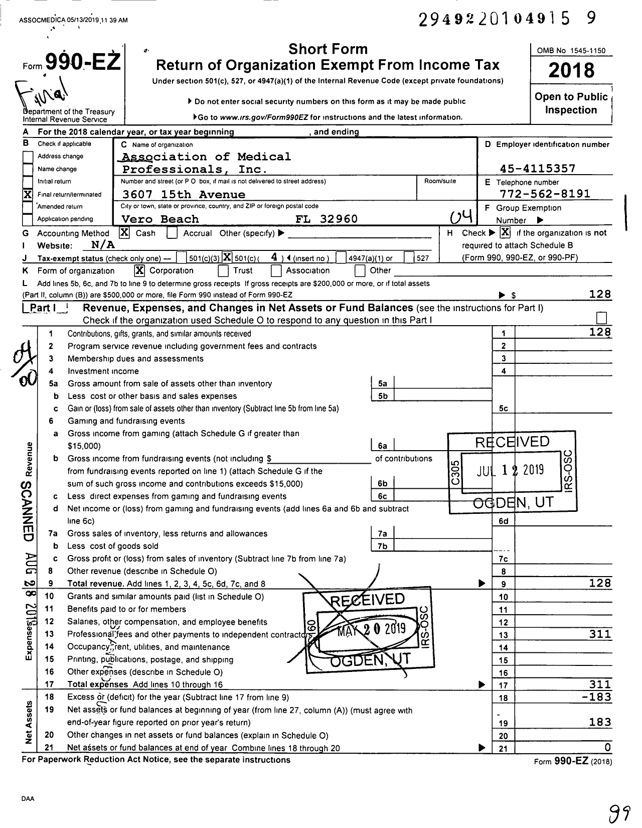 Image of first page of 2018 Form 990EO for Association of Medical Professionals