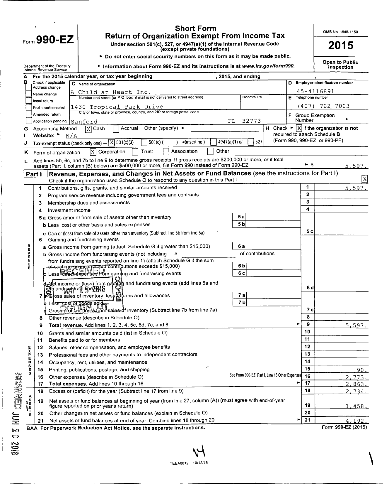 Image of first page of 2015 Form 990EZ for A Child at Heart