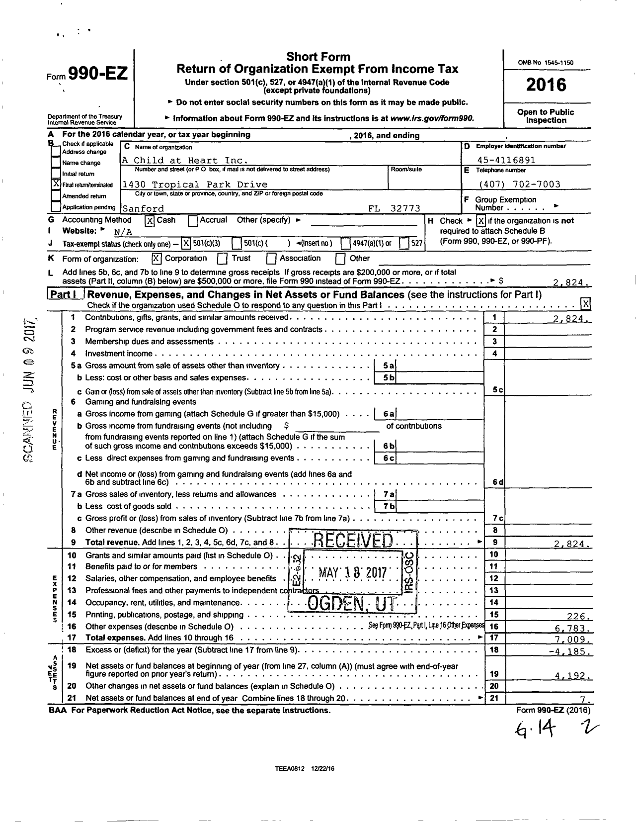 Image of first page of 2016 Form 990EZ for A Child at Heart