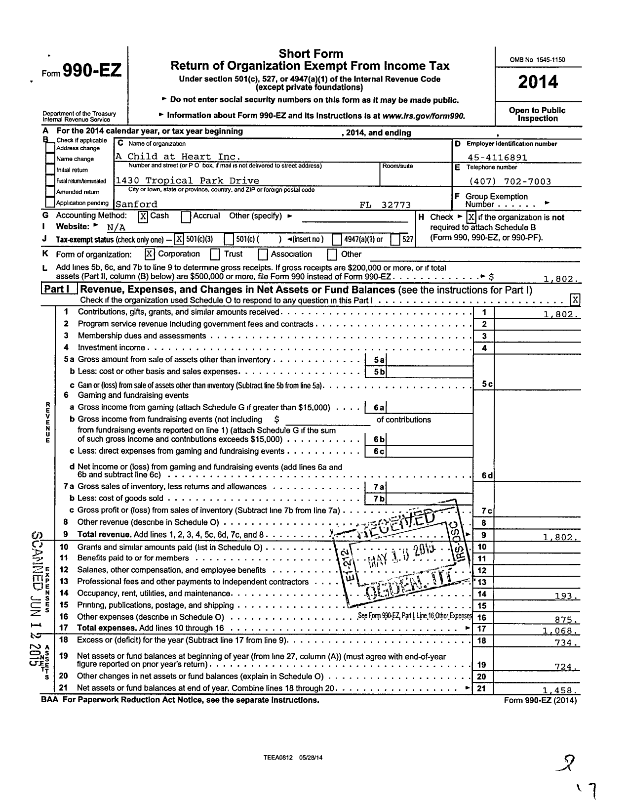 Image of first page of 2014 Form 990EZ for A Child at Heart