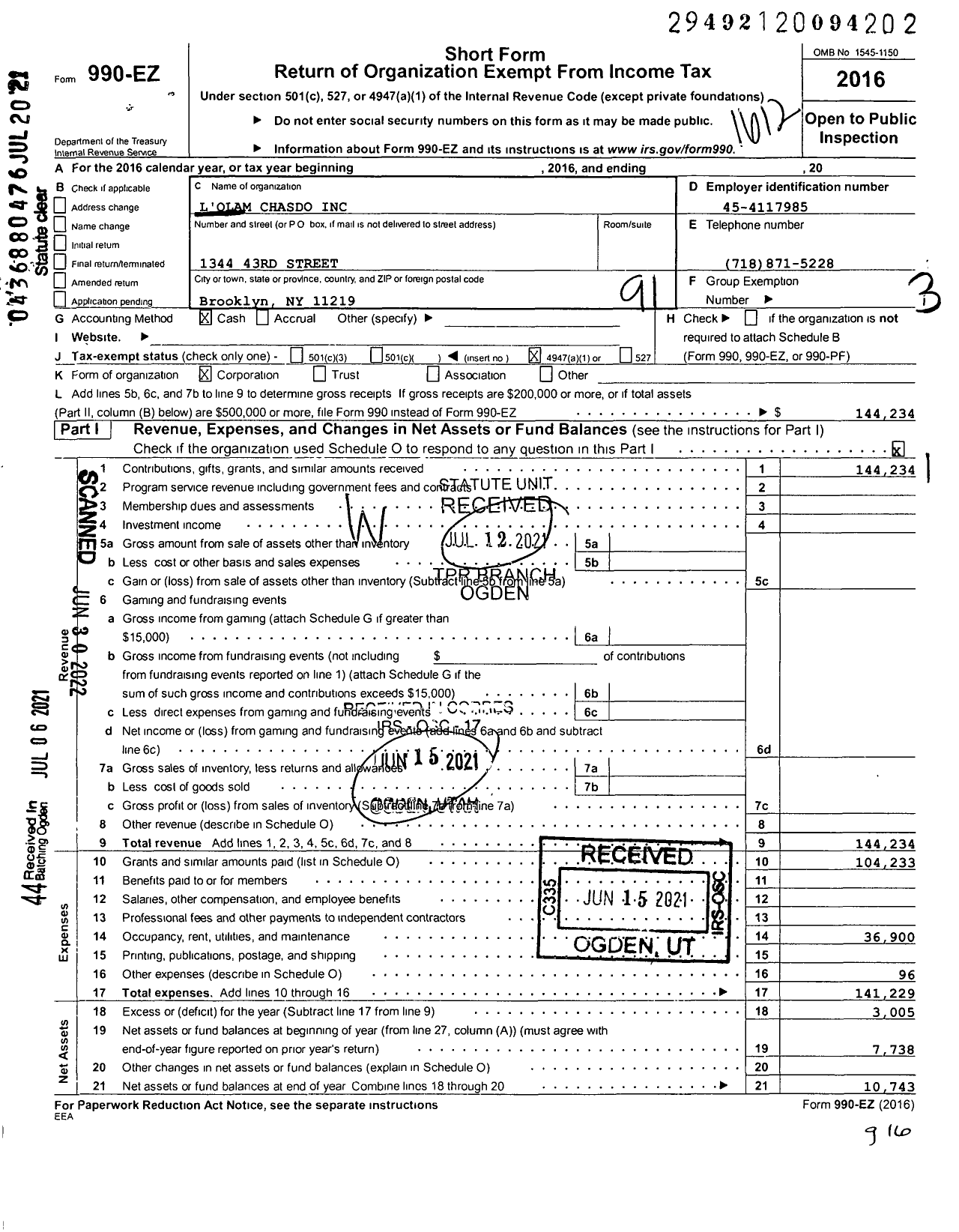 Image of first page of 2016 Form 990EO for L Olam Chasdo