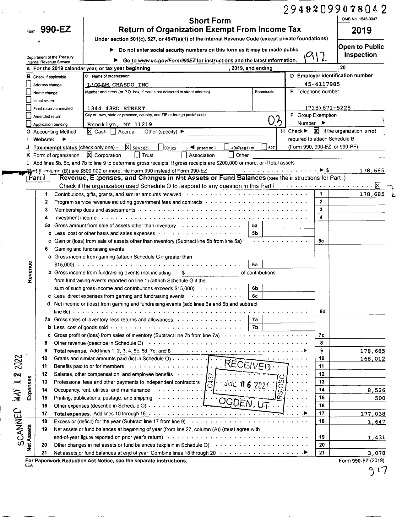 Image of first page of 2019 Form 990EZ for L Olam Chasdo