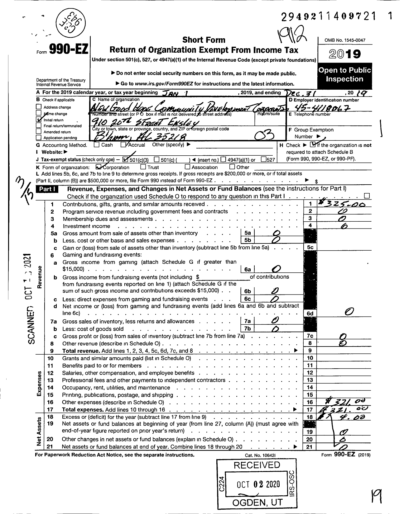 Image of first page of 2019 Form 990EZ for New Good Hope Community Development Corporation