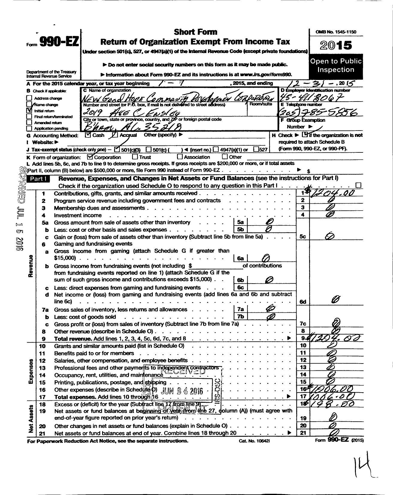 Image of first page of 2015 Form 990EZ for New Good Hope Community Development Corporation