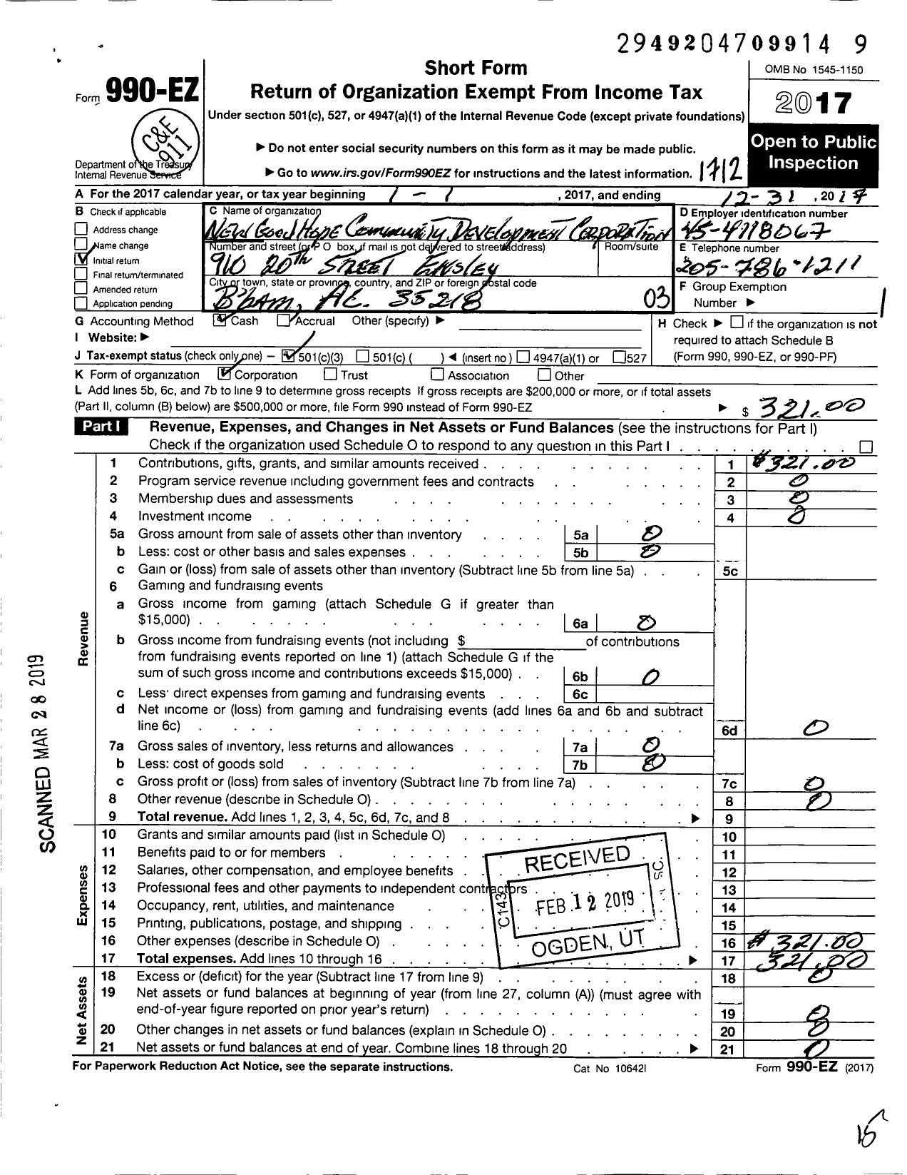 Image of first page of 2017 Form 990EZ for New Good Hope Community Development Corporation