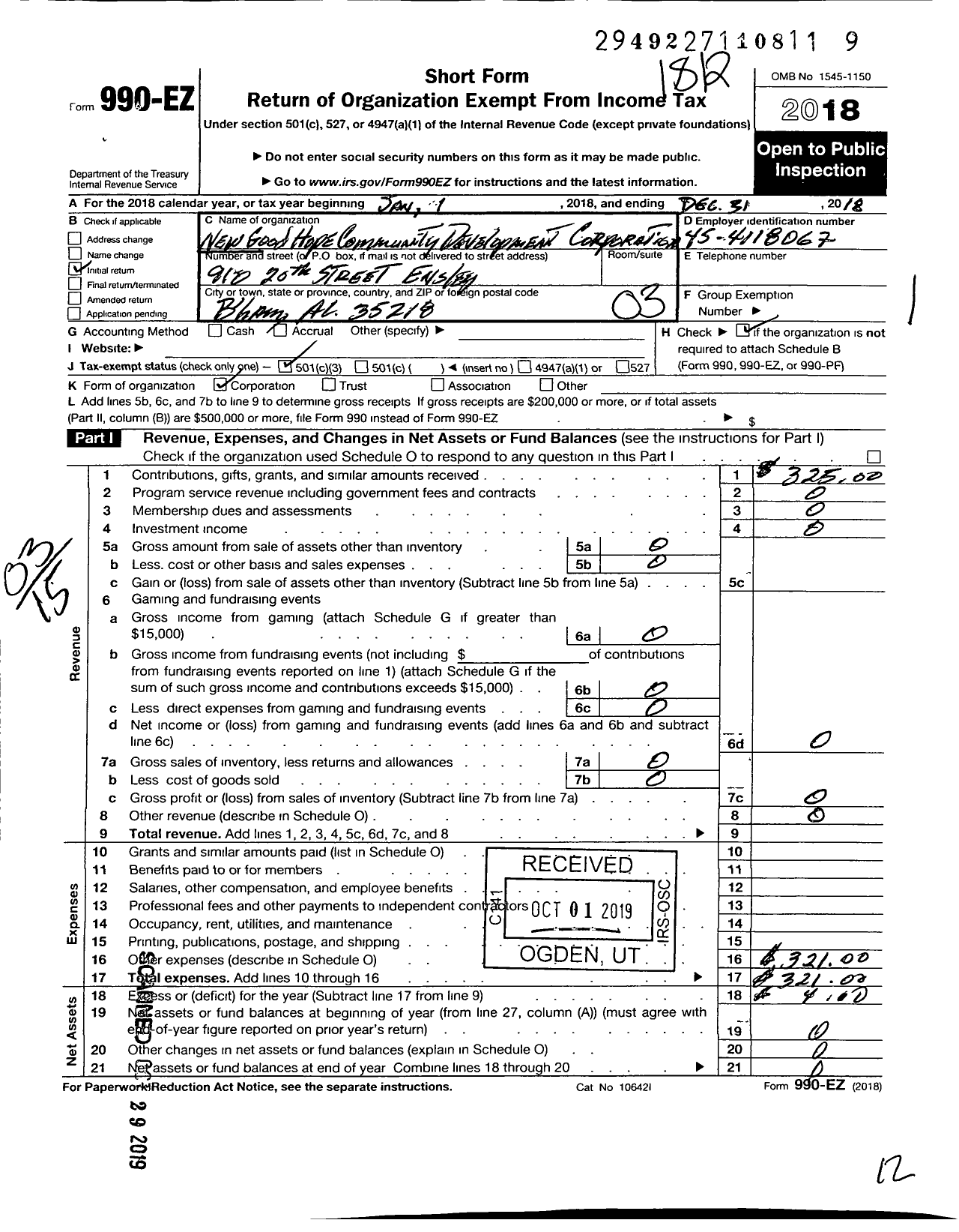 Image of first page of 2018 Form 990EZ for New Good Hope Community Development Corporation