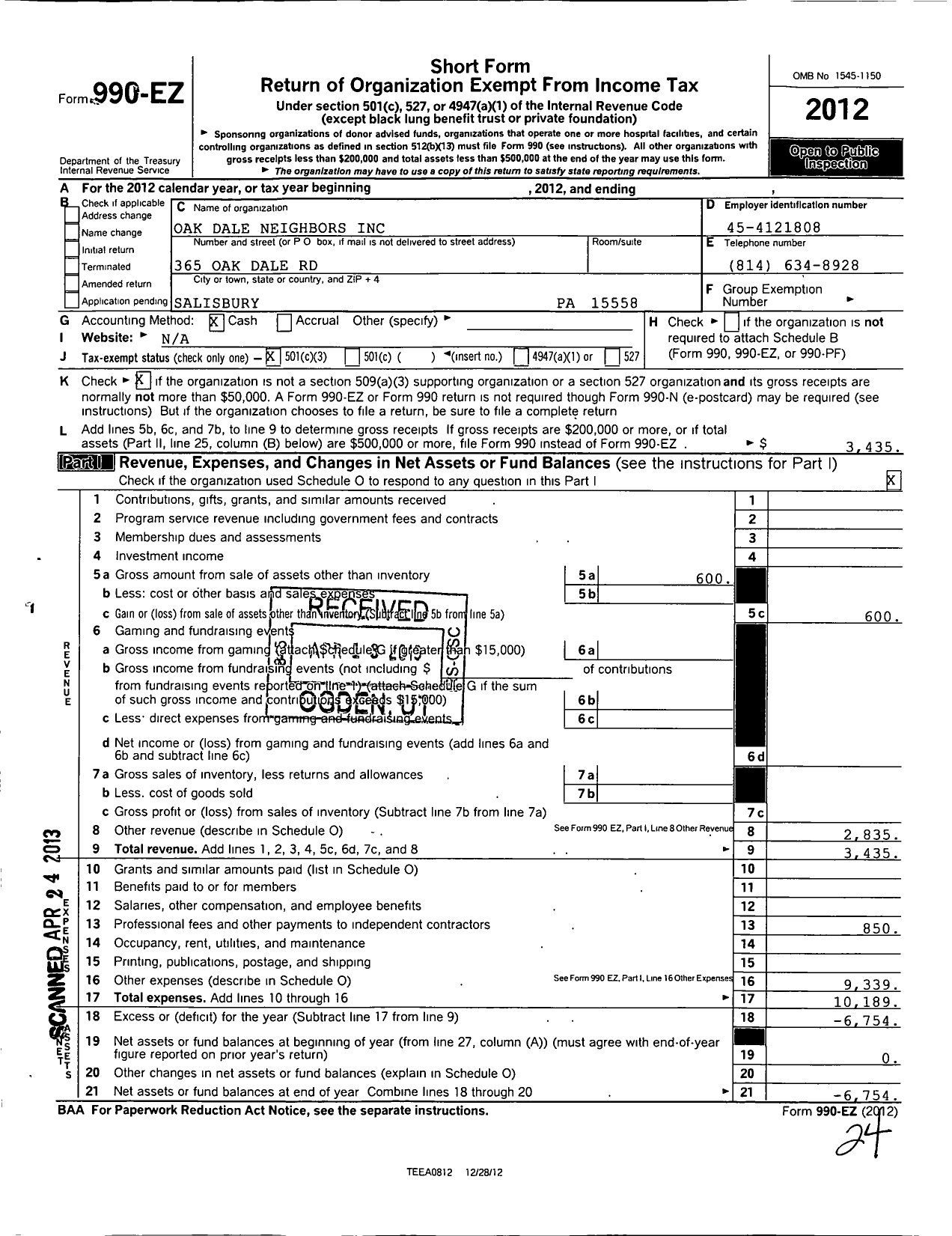 Image of first page of 2012 Form 990EZ for Oakdale Neighbors