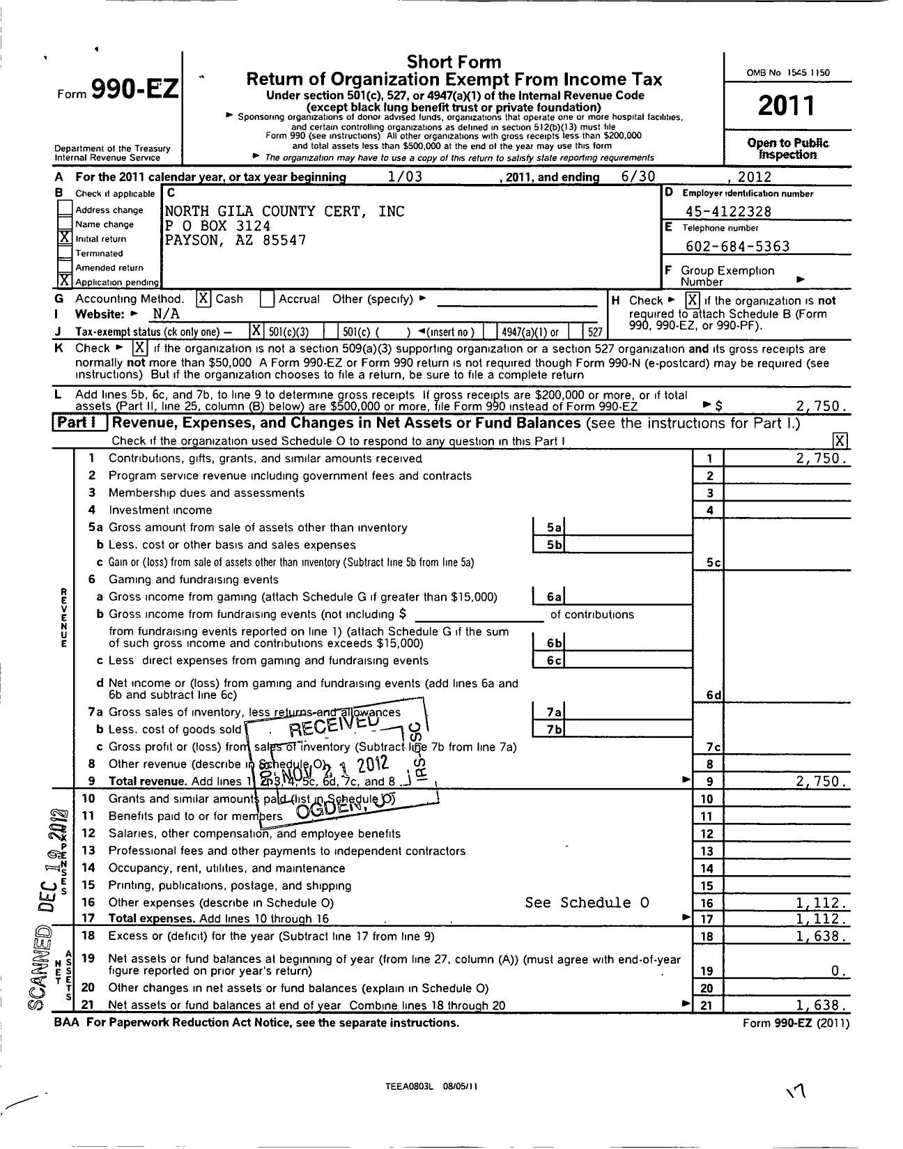 Image of first page of 2011 Form 990EZ for North Gila County Cert (NGCC)