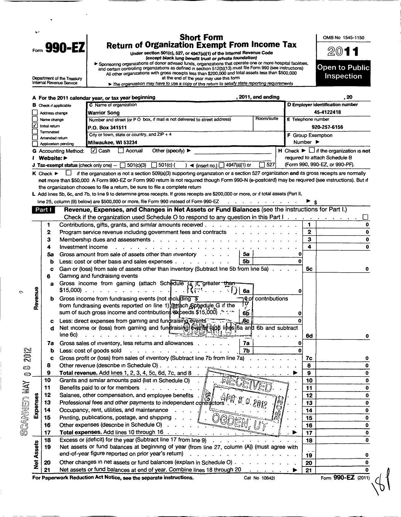 Image of first page of 2011 Form 990EO for Warrior Songs