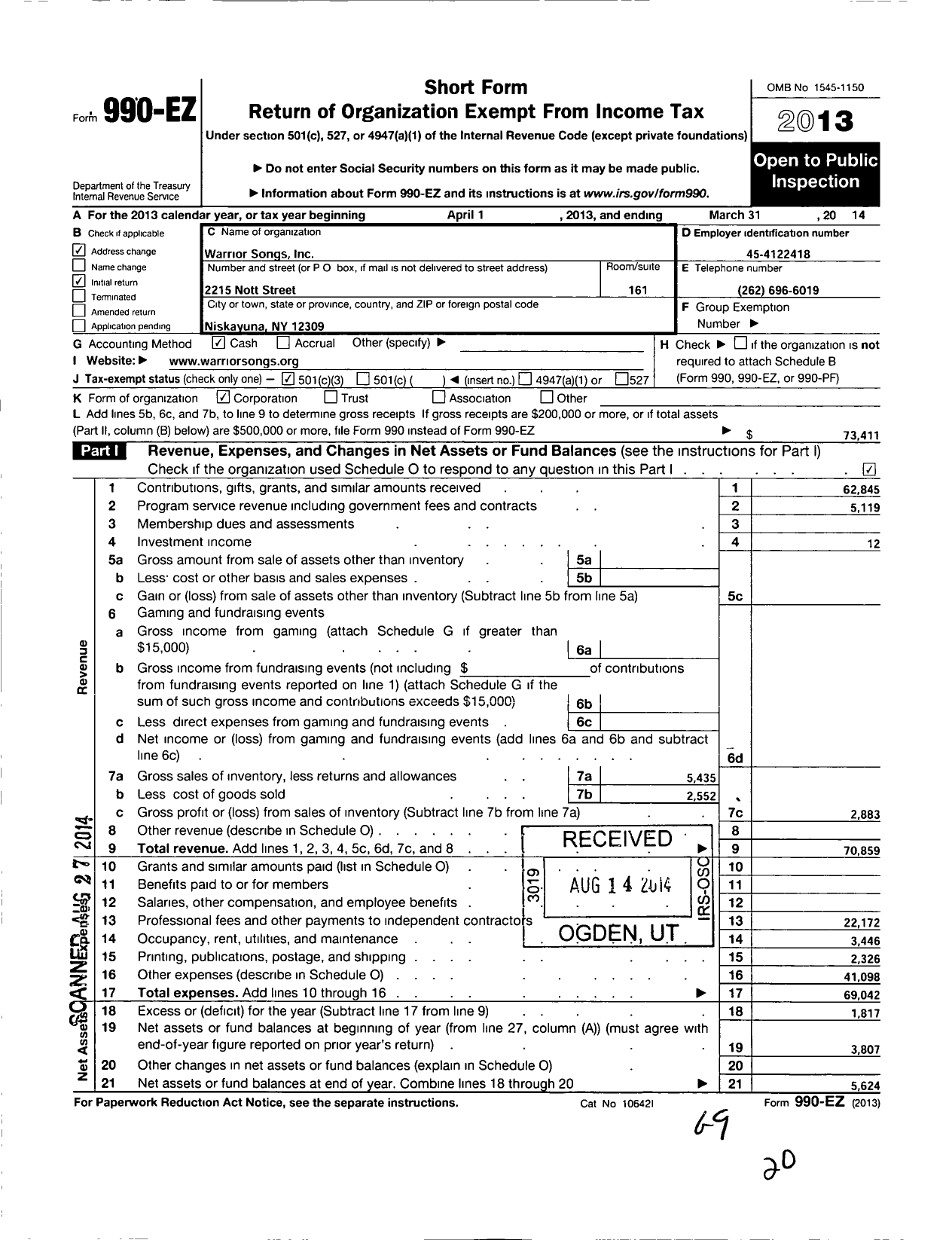 Image of first page of 2013 Form 990EZ for Warrior Songs