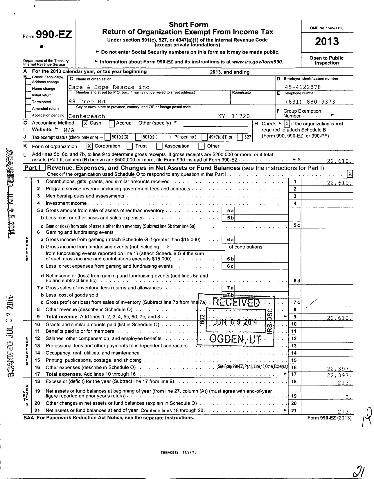 Image of first page of 2013 Form 990EO for Care and Hope Rescue