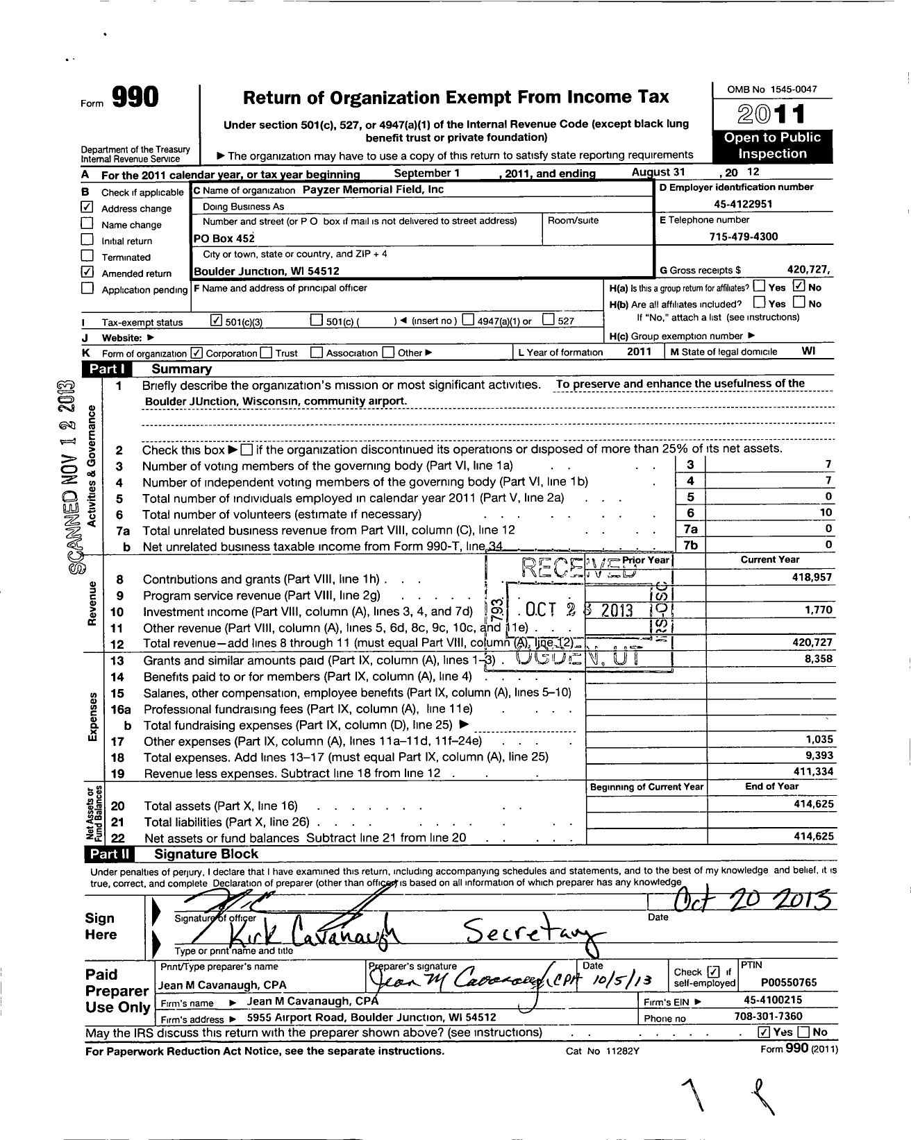 Image of first page of 2011 Form 990 for Payzer Memorial Field