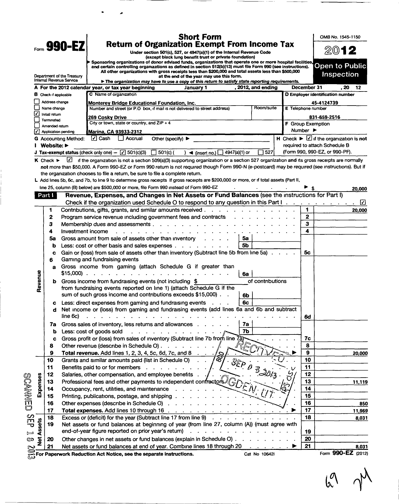 Image of first page of 2012 Form 990EZ for Monterey Bridge Educational Foundation