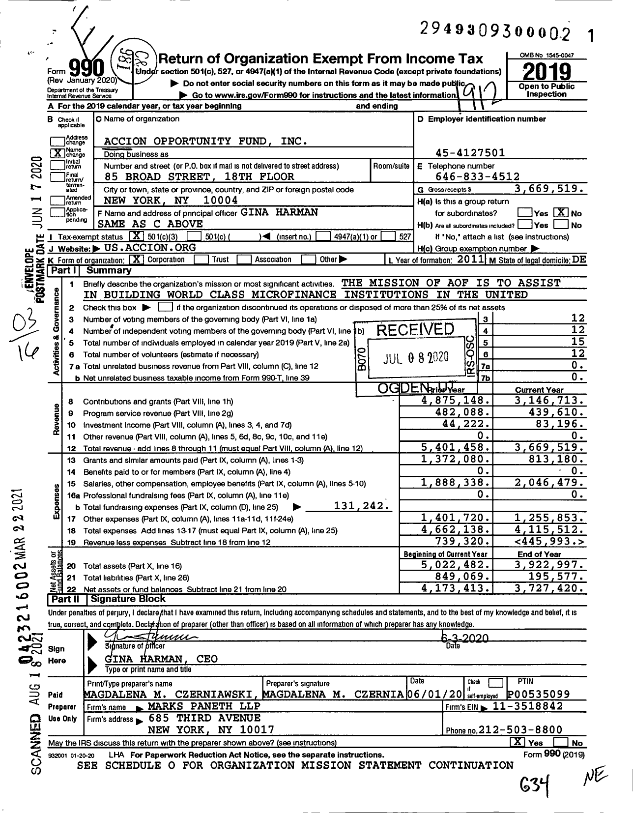 Image of first page of 2019 Form 990 for Accion Opportunity Fund