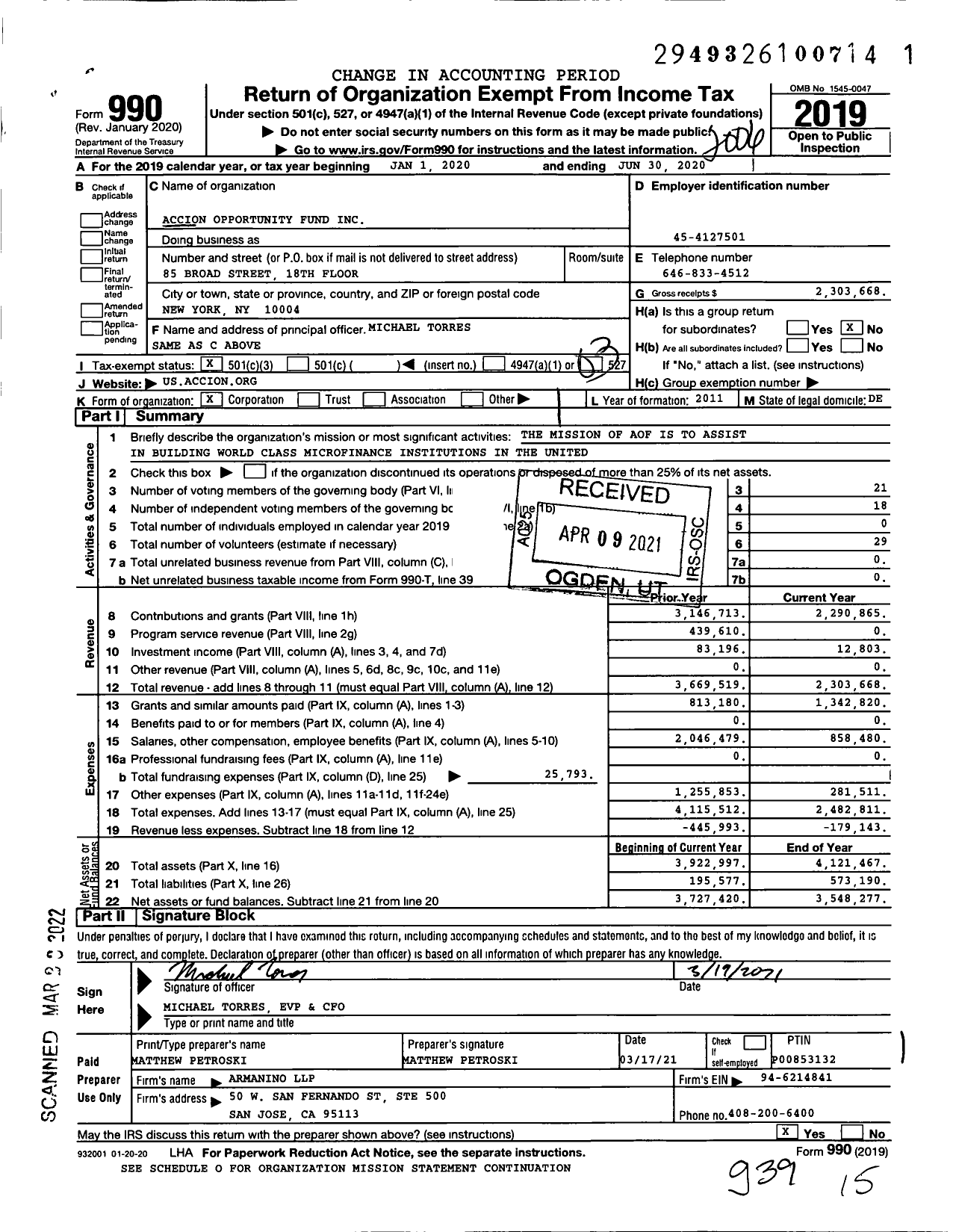 Image of first page of 2019 Form 990 for Accion Opportunity Fund