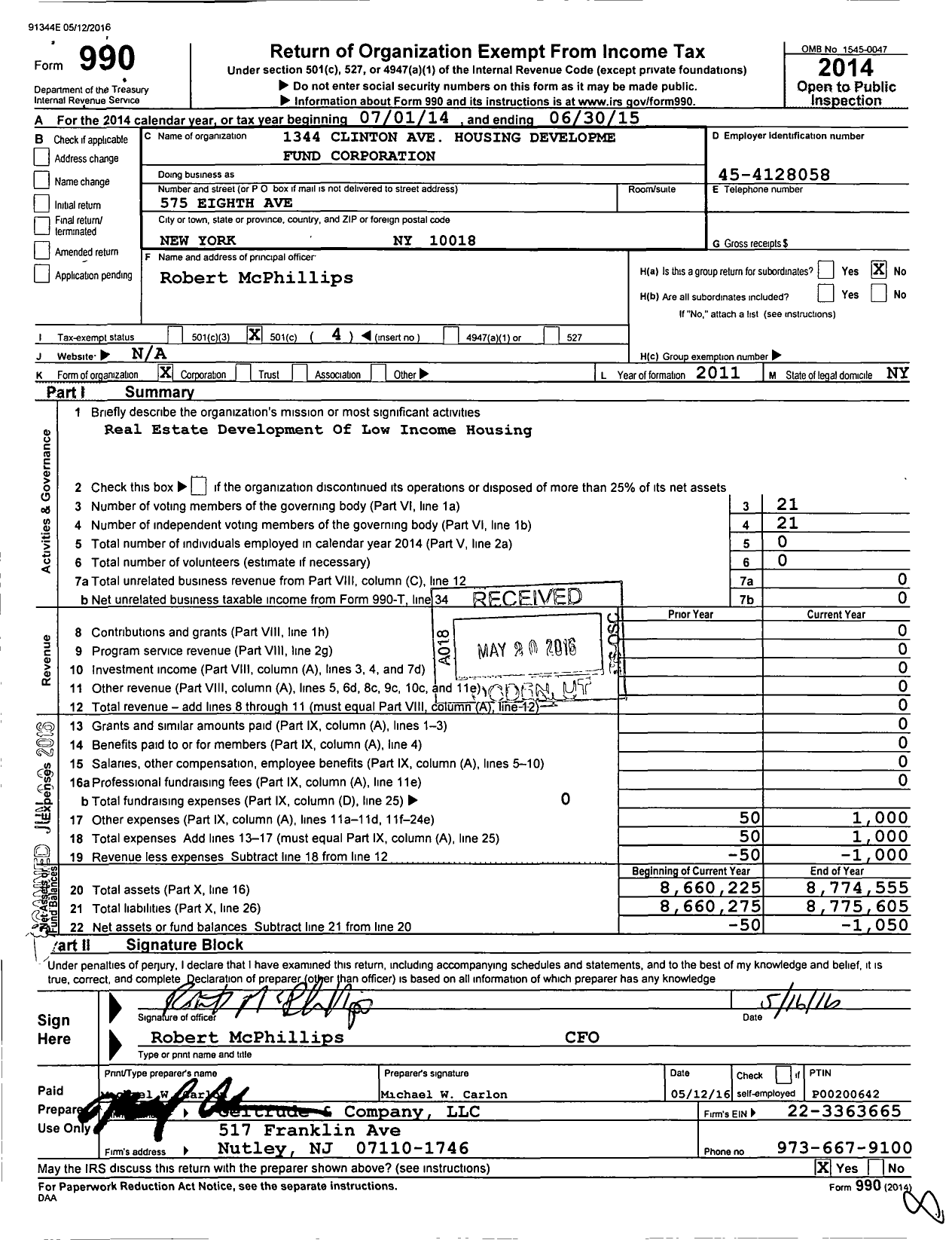 Image of first page of 2014 Form 990O for 1344 Clinton Ave Housing Developme Fund Corporation