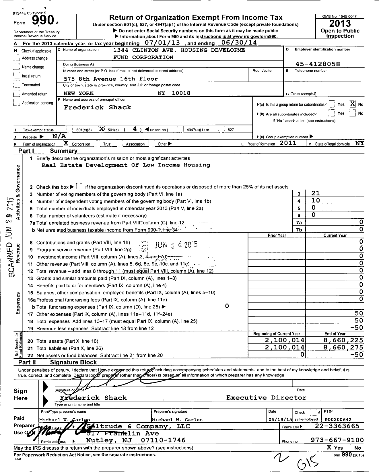 Image of first page of 2013 Form 990O for 1344 Clinton Ave Housing Developme Fund Corporation