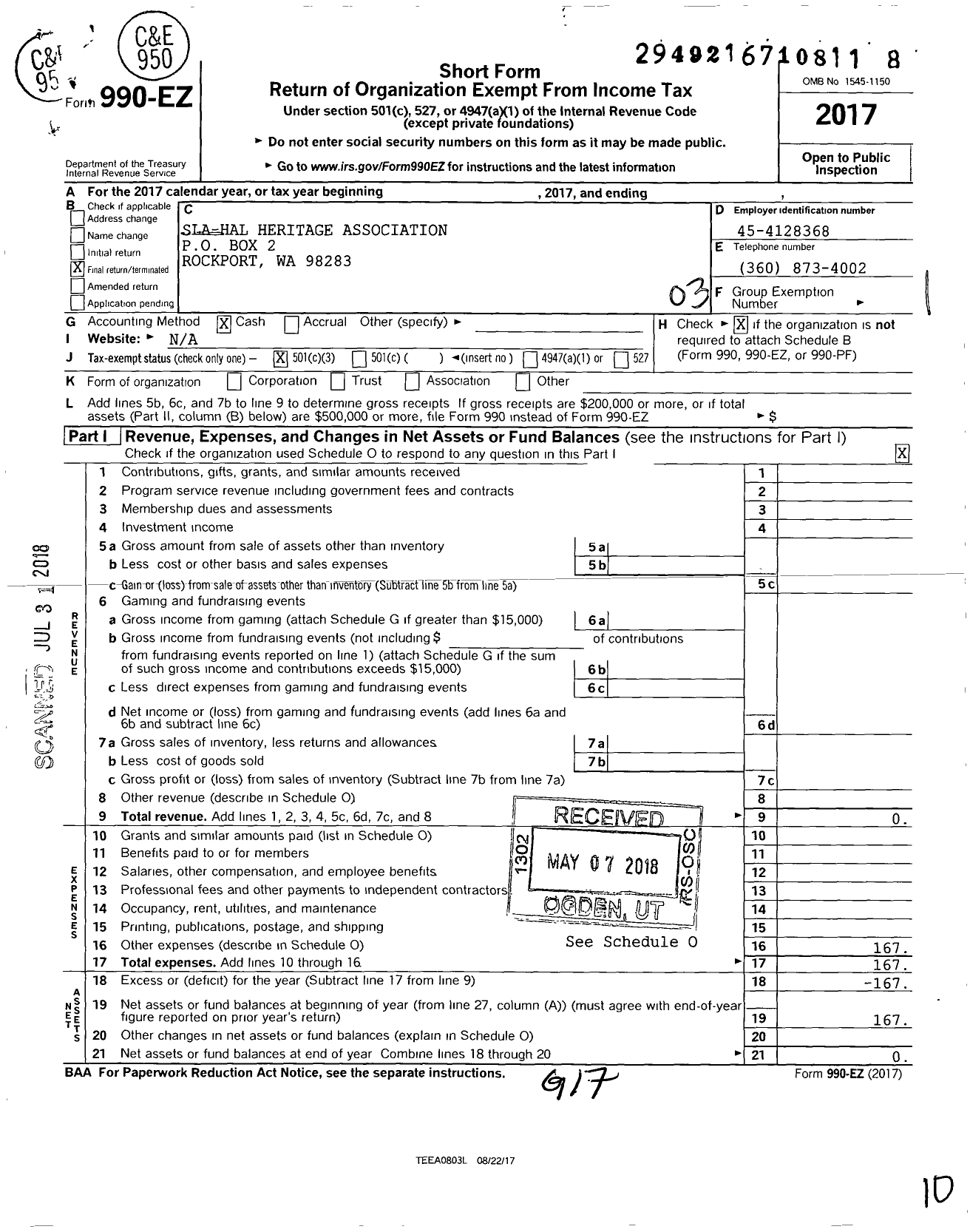 Image of first page of 2017 Form 990EZ for Sla-Hal Heritage Association