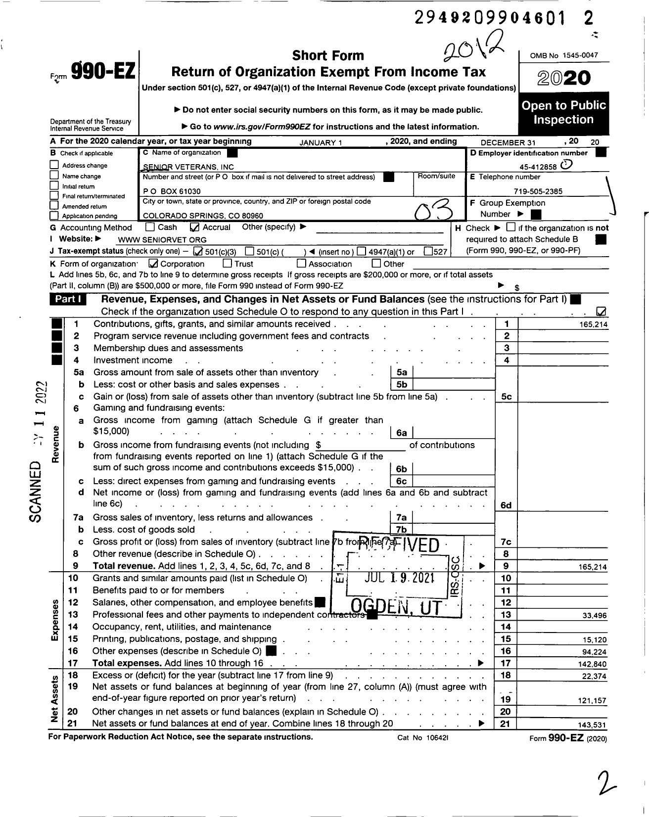 Image of first page of 2020 Form 990EZ for Senior Veterans