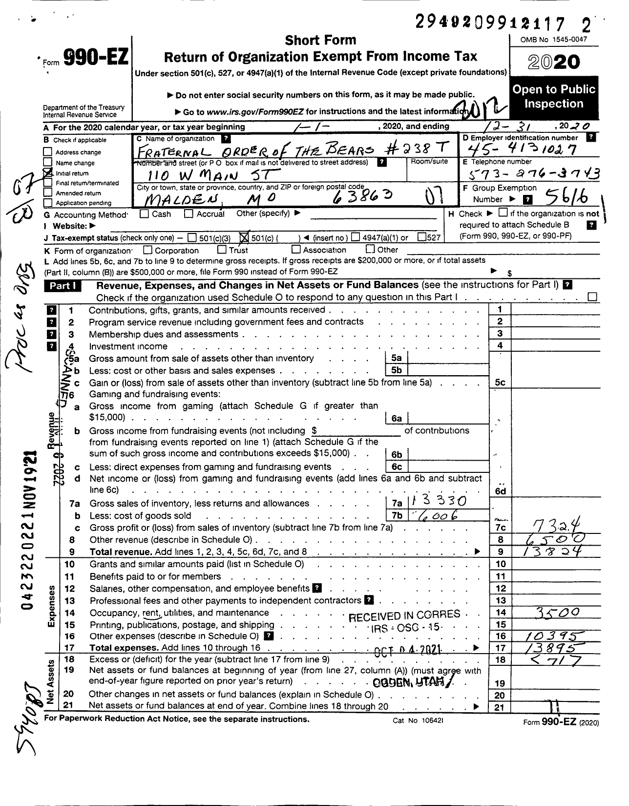 Image of first page of 2020 Form 990EO for Fraternal Order of the Bears - 238 Fraternal Order of the Bears