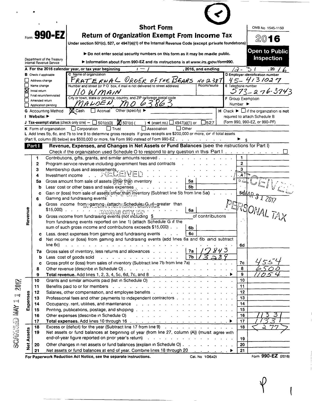 Image of first page of 2016 Form 990EO for Fraternal Order of the Bears - 238 Fraternal Order of the Bears