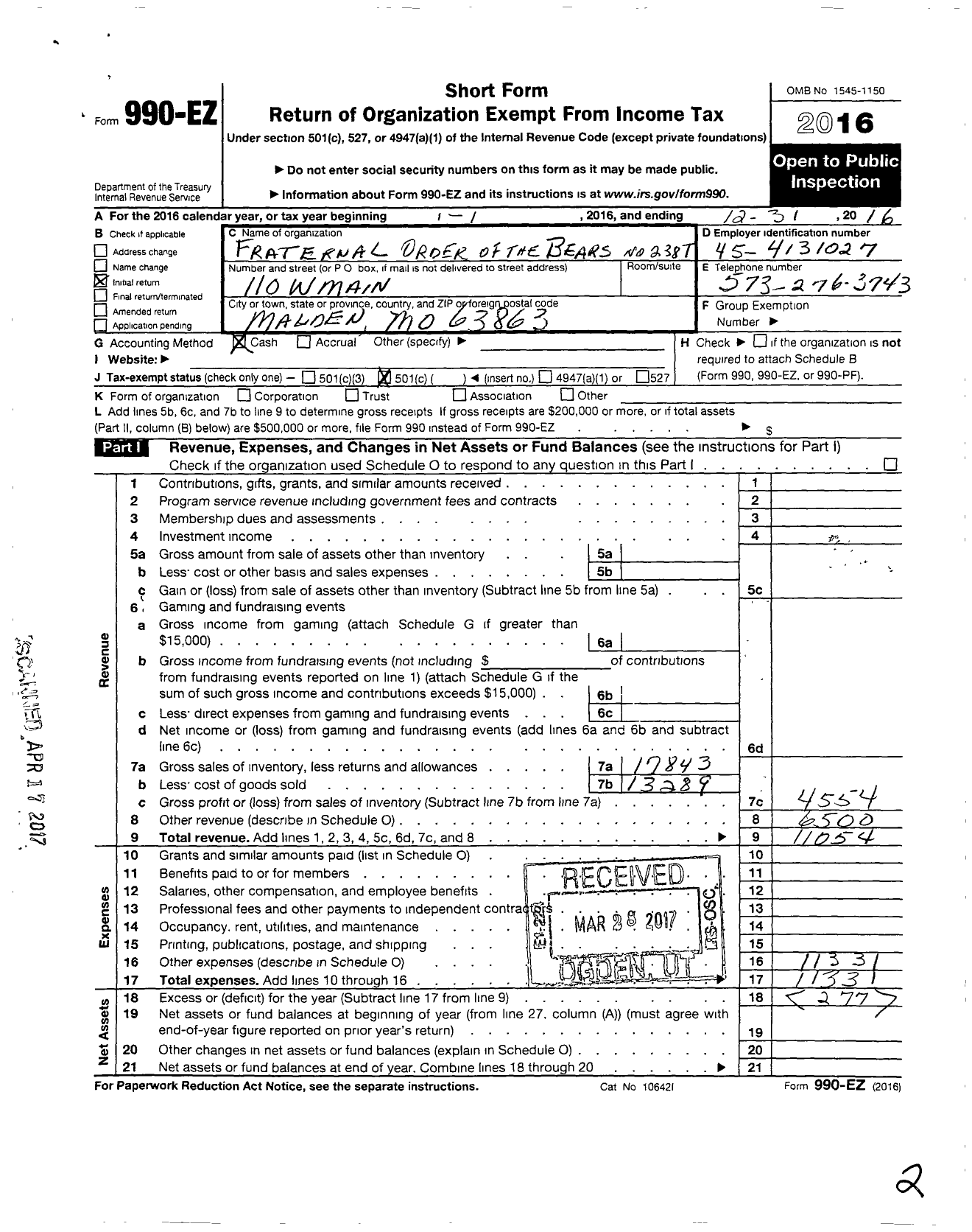 Image of first page of 2016 Form 990EO for Fraternal Order of the Bears - 238 Fraternal Order of the Bears