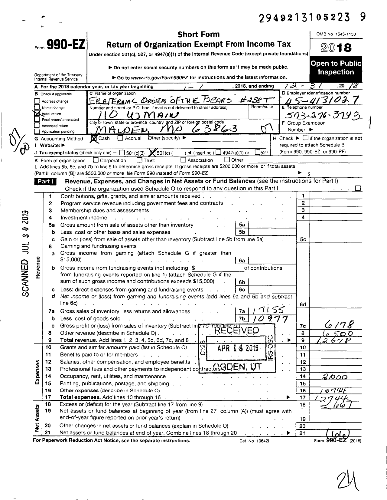 Image of first page of 2018 Form 990EO for Fraternal Order of the Bears - 238 Fraternal Order of the Bears