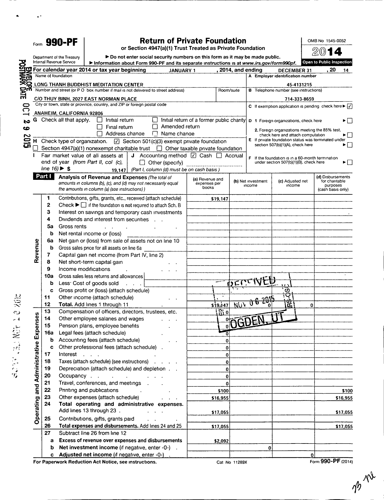 Image of first page of 2014 Form 990PF for Long Thanh Buddhist Meditation Center