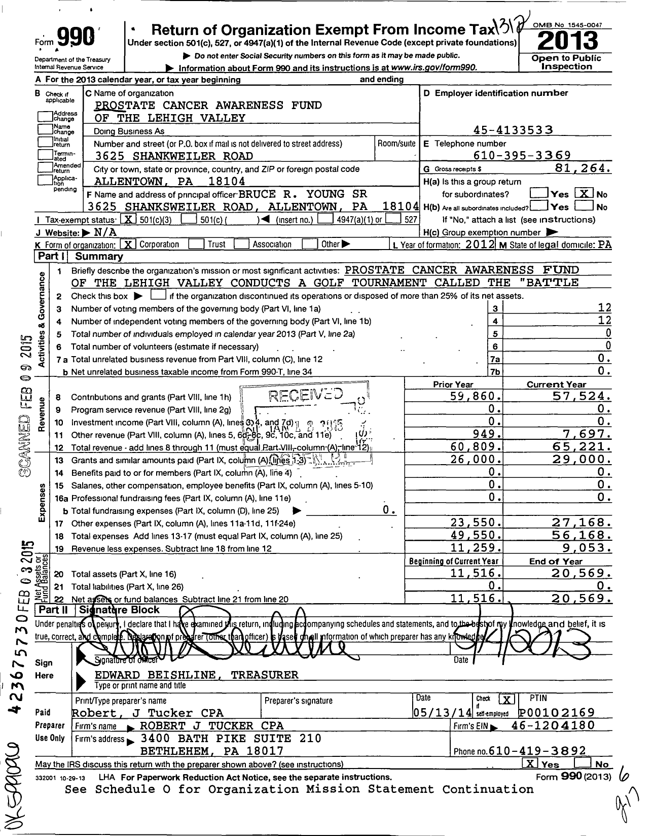Image of first page of 2013 Form 990 for Prostate Cancer Awareness Fund of the Lehigh Valley
