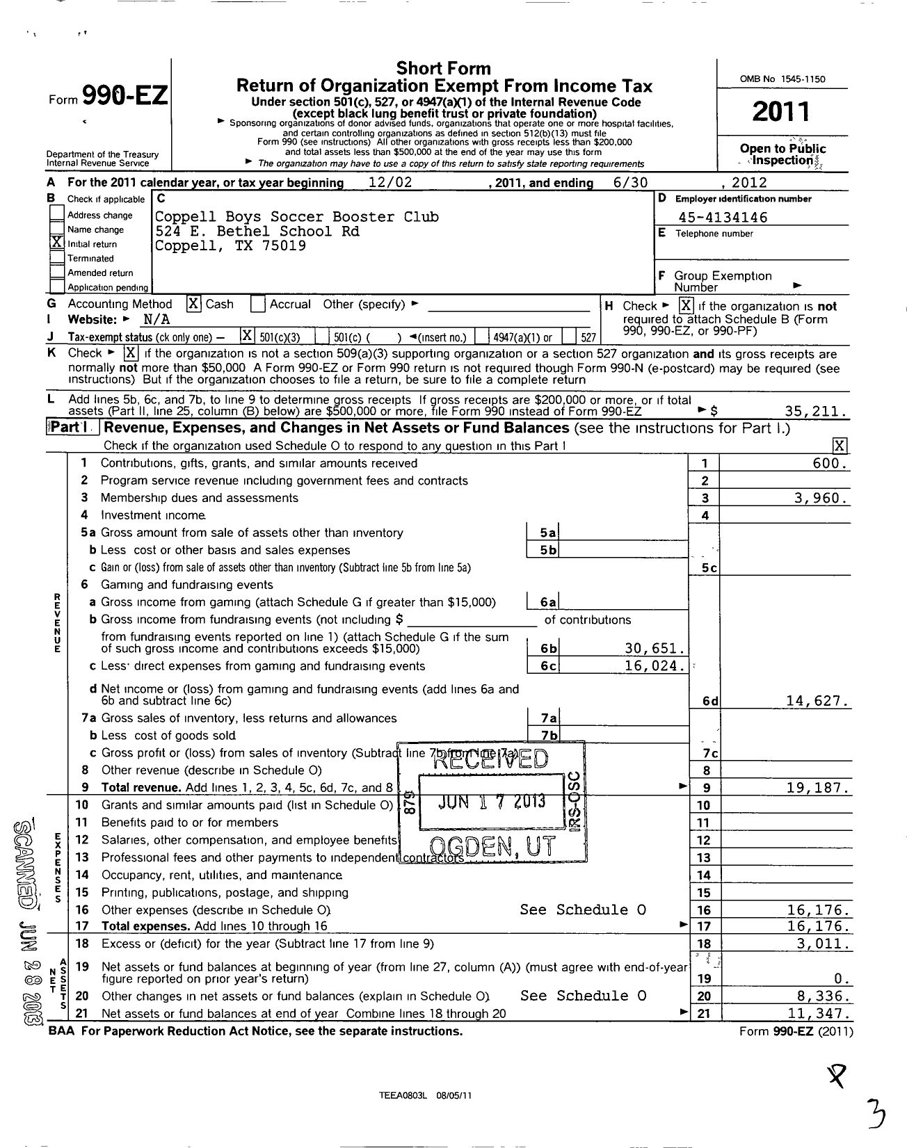 Image of first page of 2011 Form 990EZ for Coppell Boys Soccer Booster Club