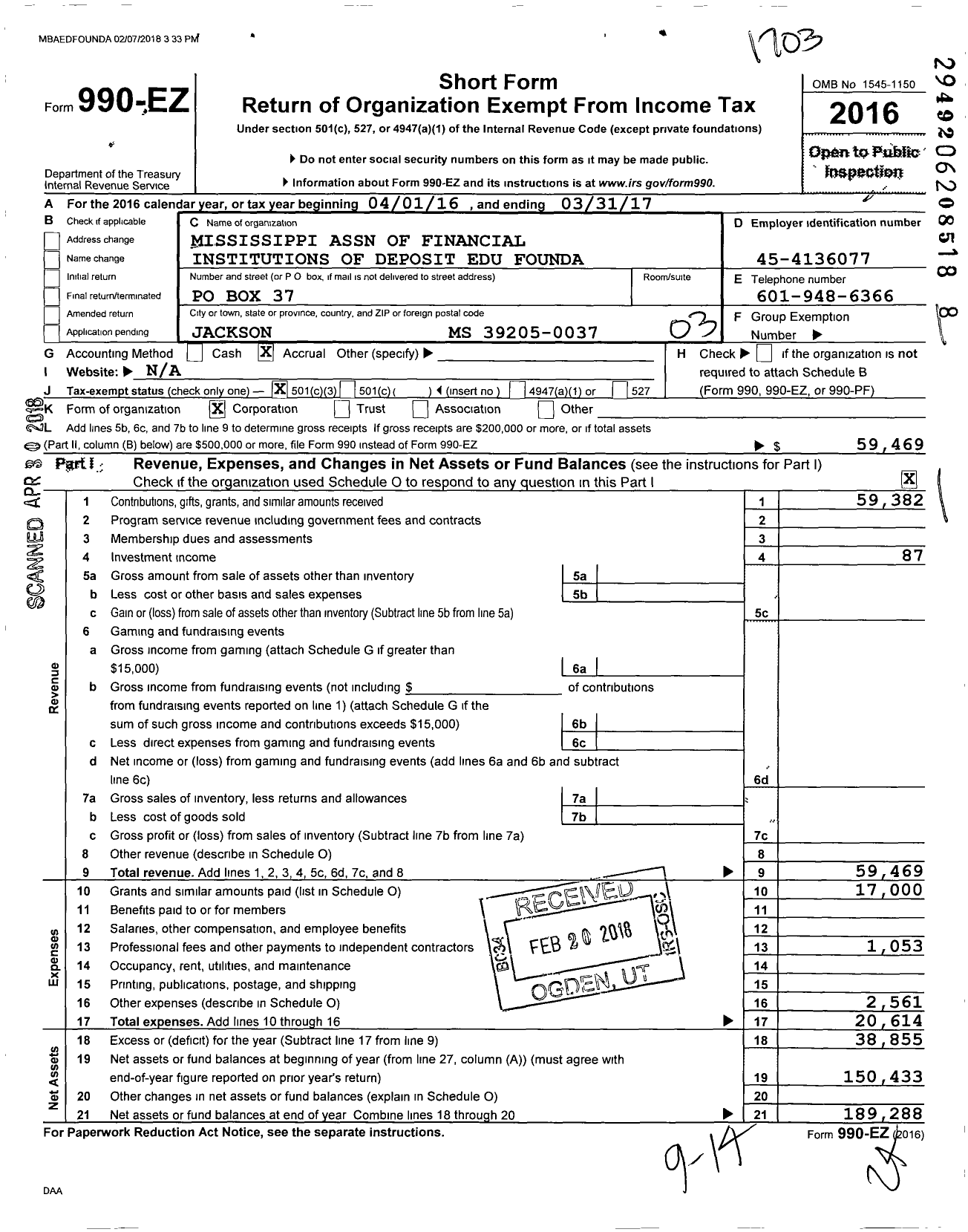 Image of first page of 2016 Form 990EZ for Mississippi Association of Financial Institutions of Deposit Edu Found