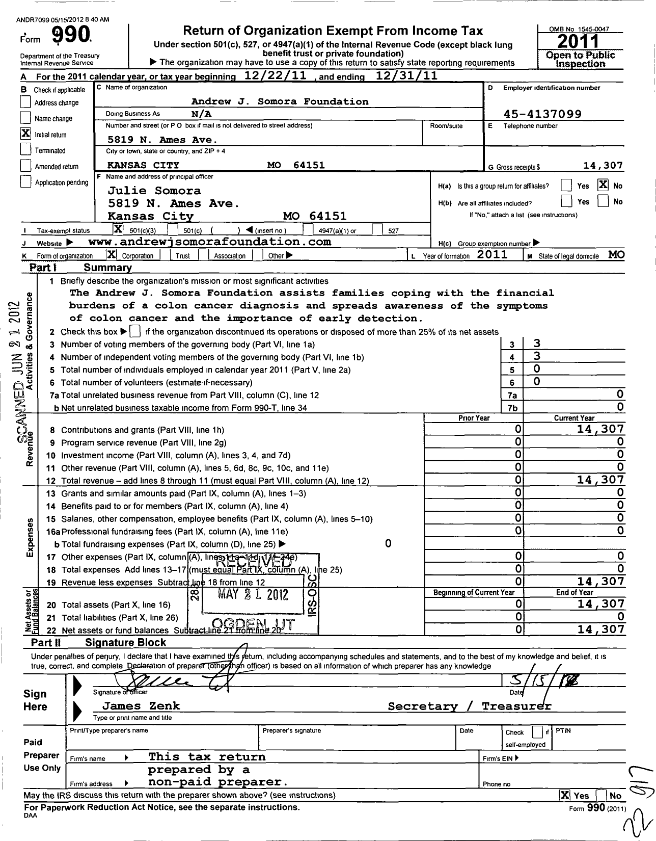 Image of first page of 2011 Form 990 for Andrew J Somora Foundation