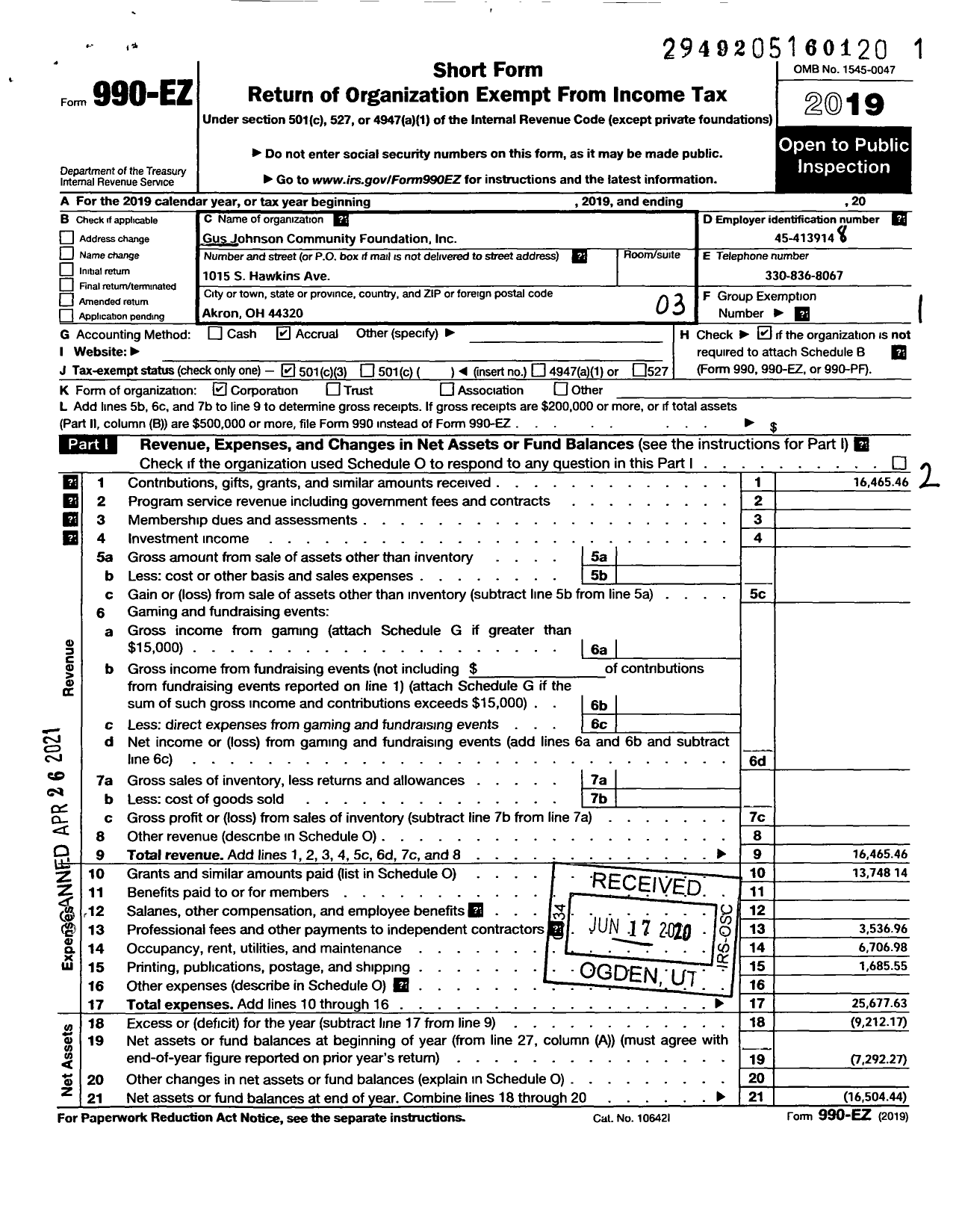 Image of first page of 2019 Form 990EZ for Gus Johnson Community Foundation