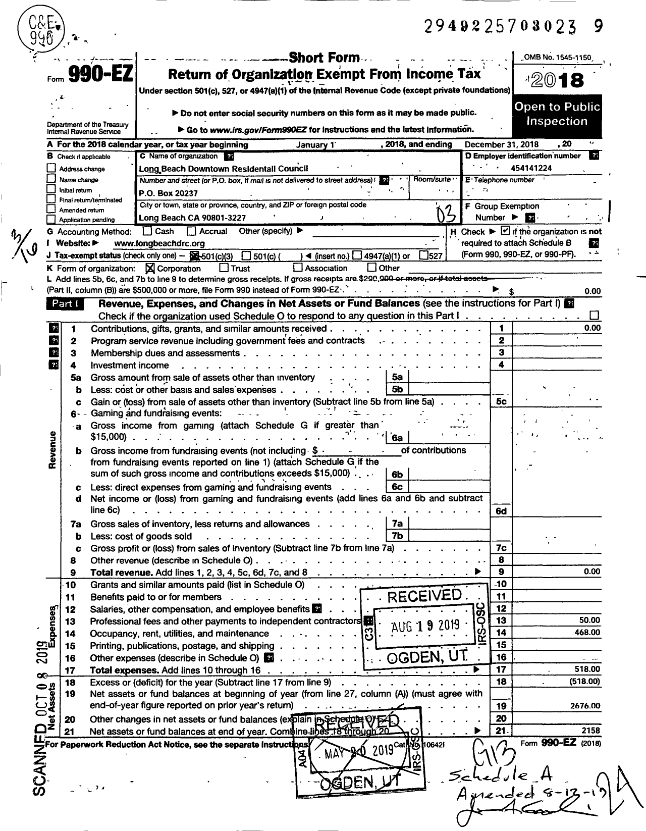 Image of first page of 2018 Form 990EZ for Long Beach Downtown Residential Council