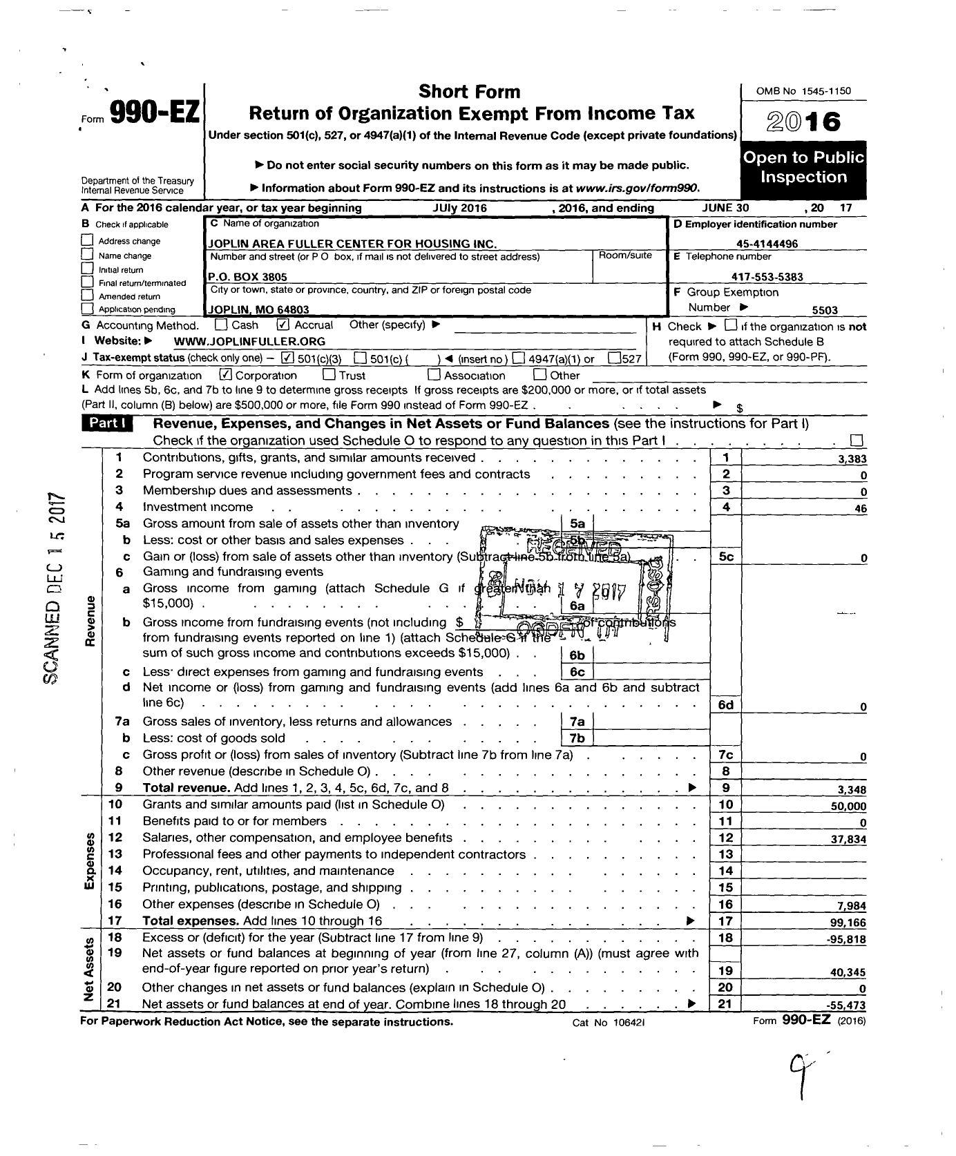 Image of first page of 2016 Form 990EZ for Joplin Area Fuller Center for Housing