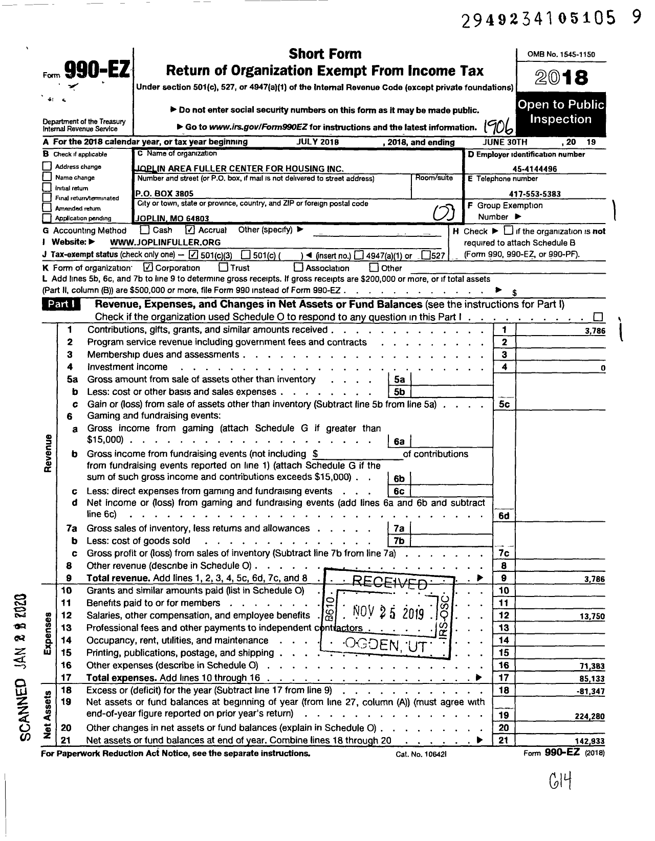 Image of first page of 2018 Form 990EZ for Joplin Area Fuller Center for Housing