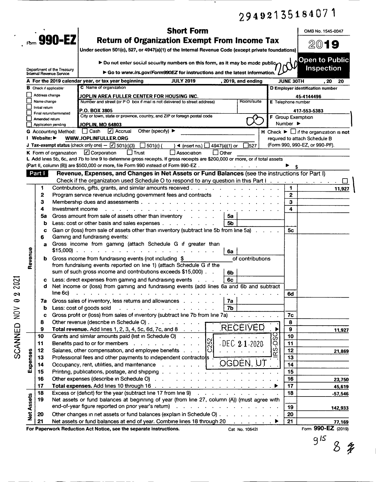 Image of first page of 2019 Form 990EZ for Joplin Area Fuller Center for Housing