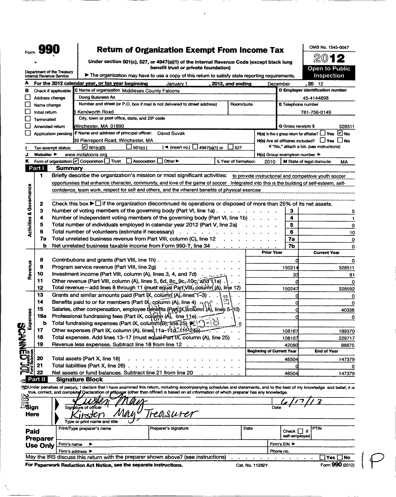 Image of first page of 2012 Form 990 for Middlesex County Falcons