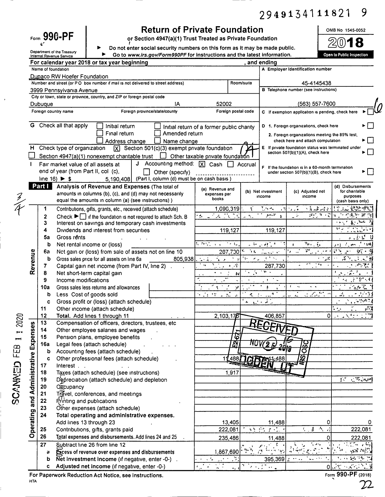 Image of first page of 2018 Form 990PF for Dupaco RW Hoefer Foundation