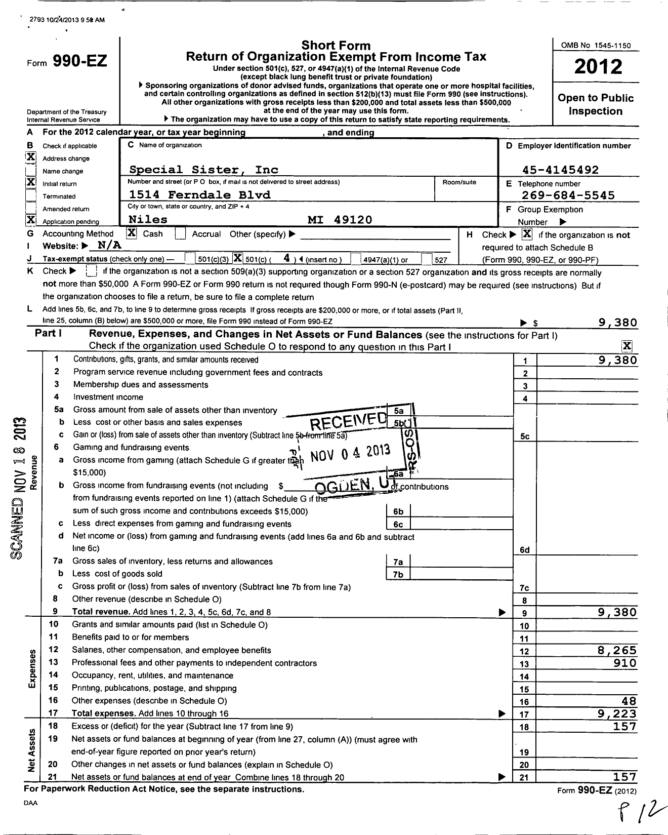 Image of first page of 2012 Form 990EO for Special Sister