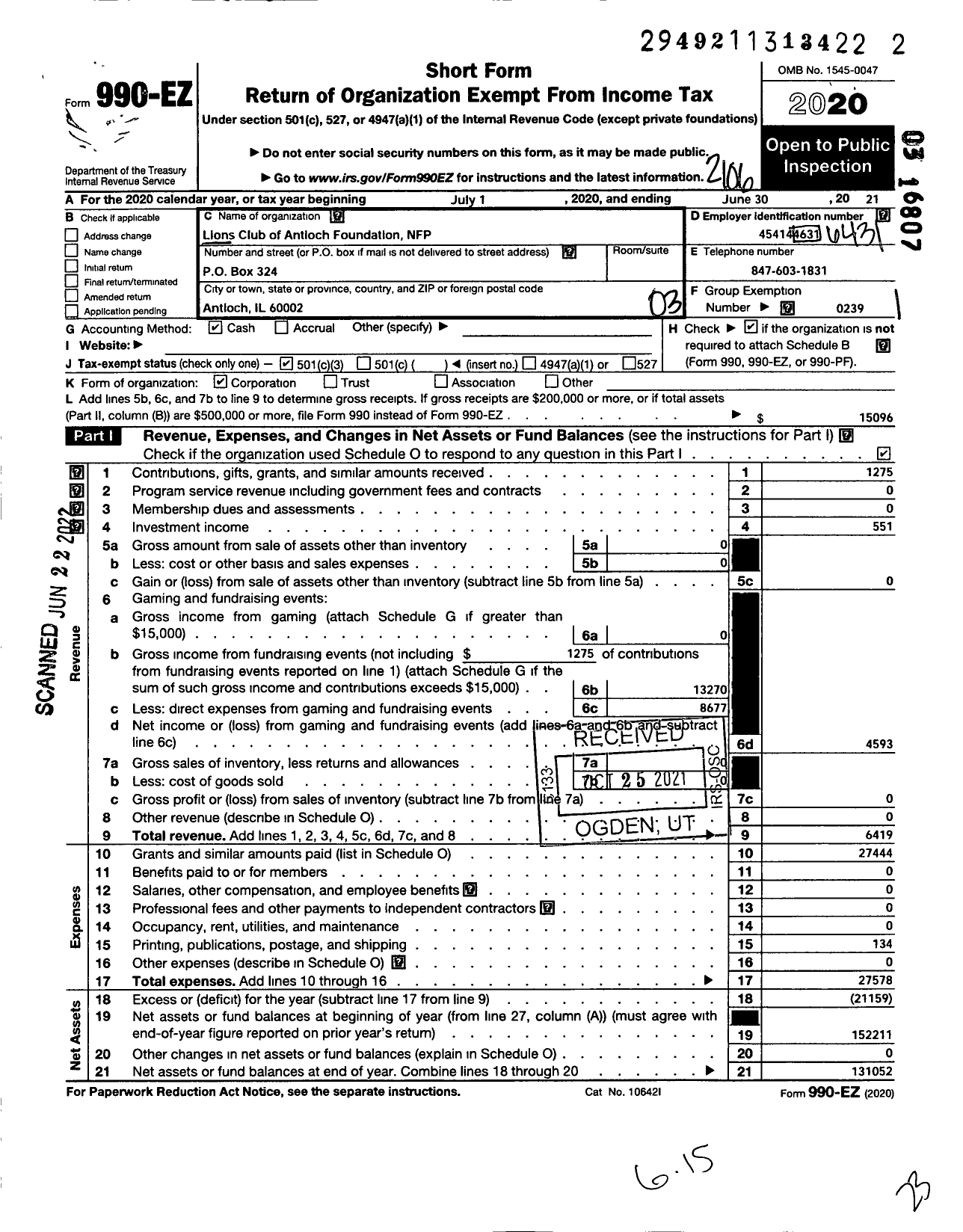 Image of first page of 2020 Form 990EZ for Lions Club of Antioch Foundation NFP