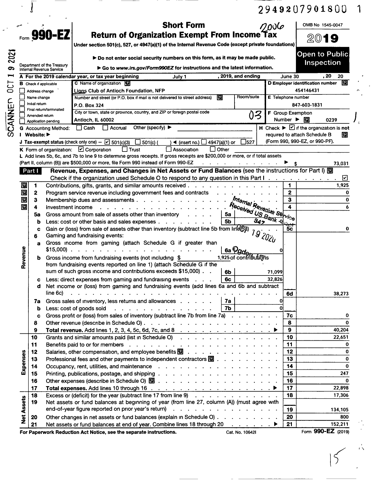 Image of first page of 2019 Form 990EZ for Lions Club of Antioch Foundation NFP