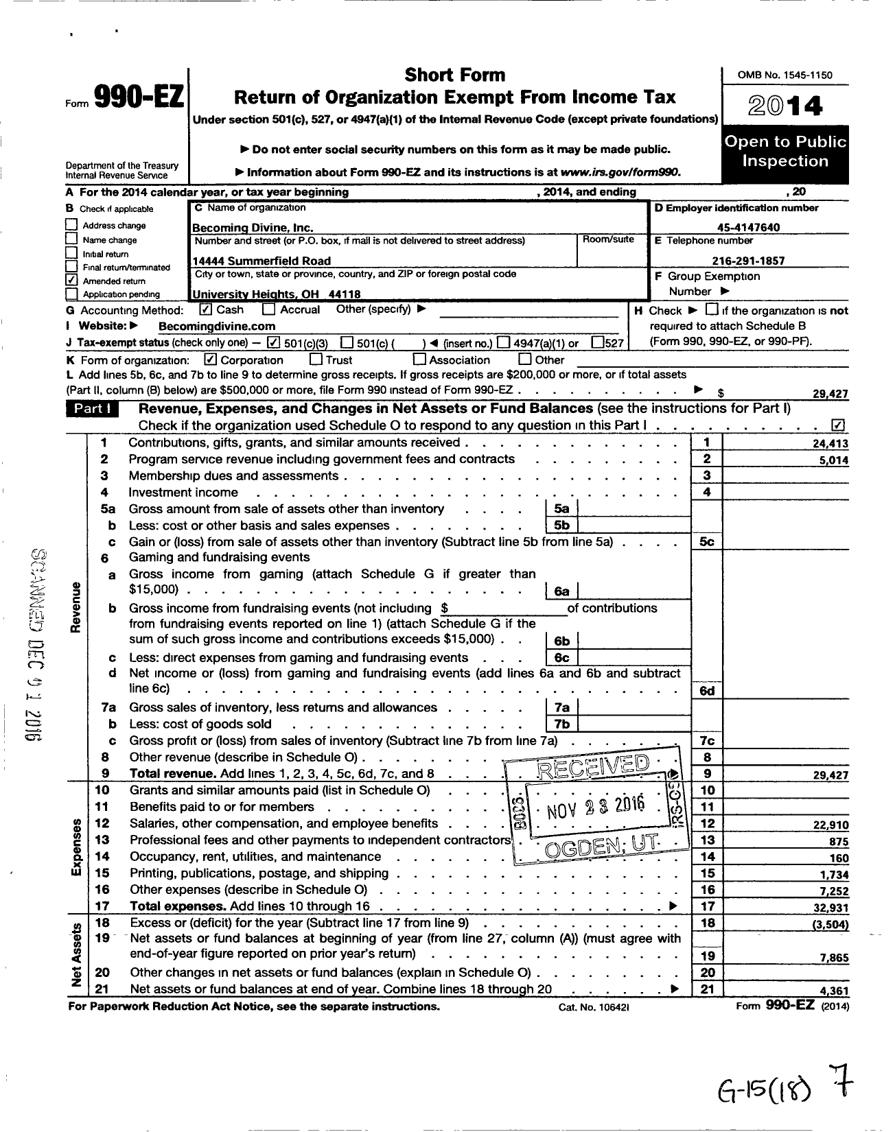 Image of first page of 2014 Form 990EZ for Becoming Divine