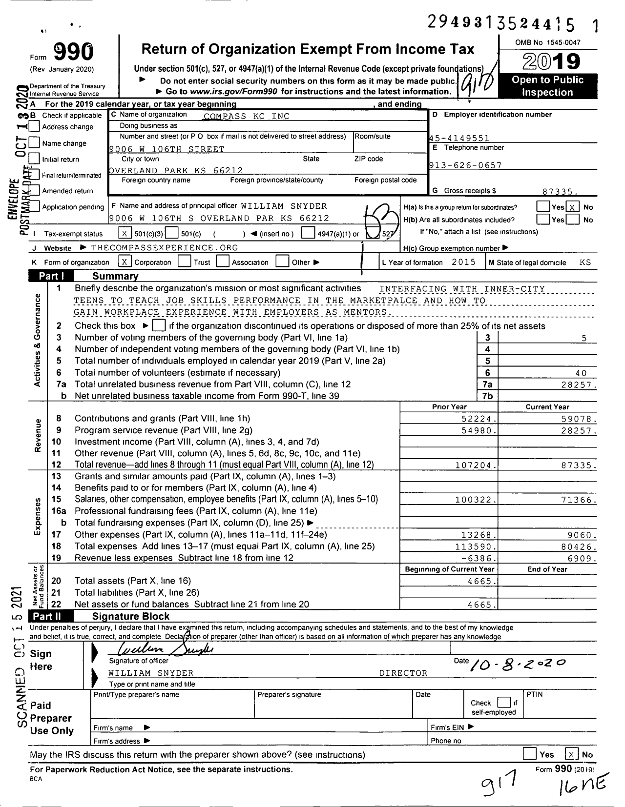 Image of first page of 2019 Form 990 for Compass KC