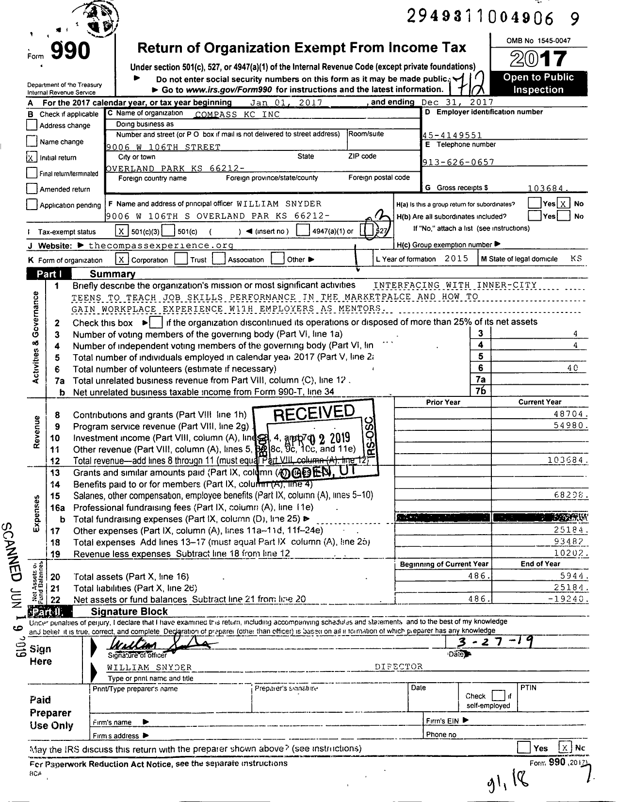 Image of first page of 2017 Form 990 for Compass KC