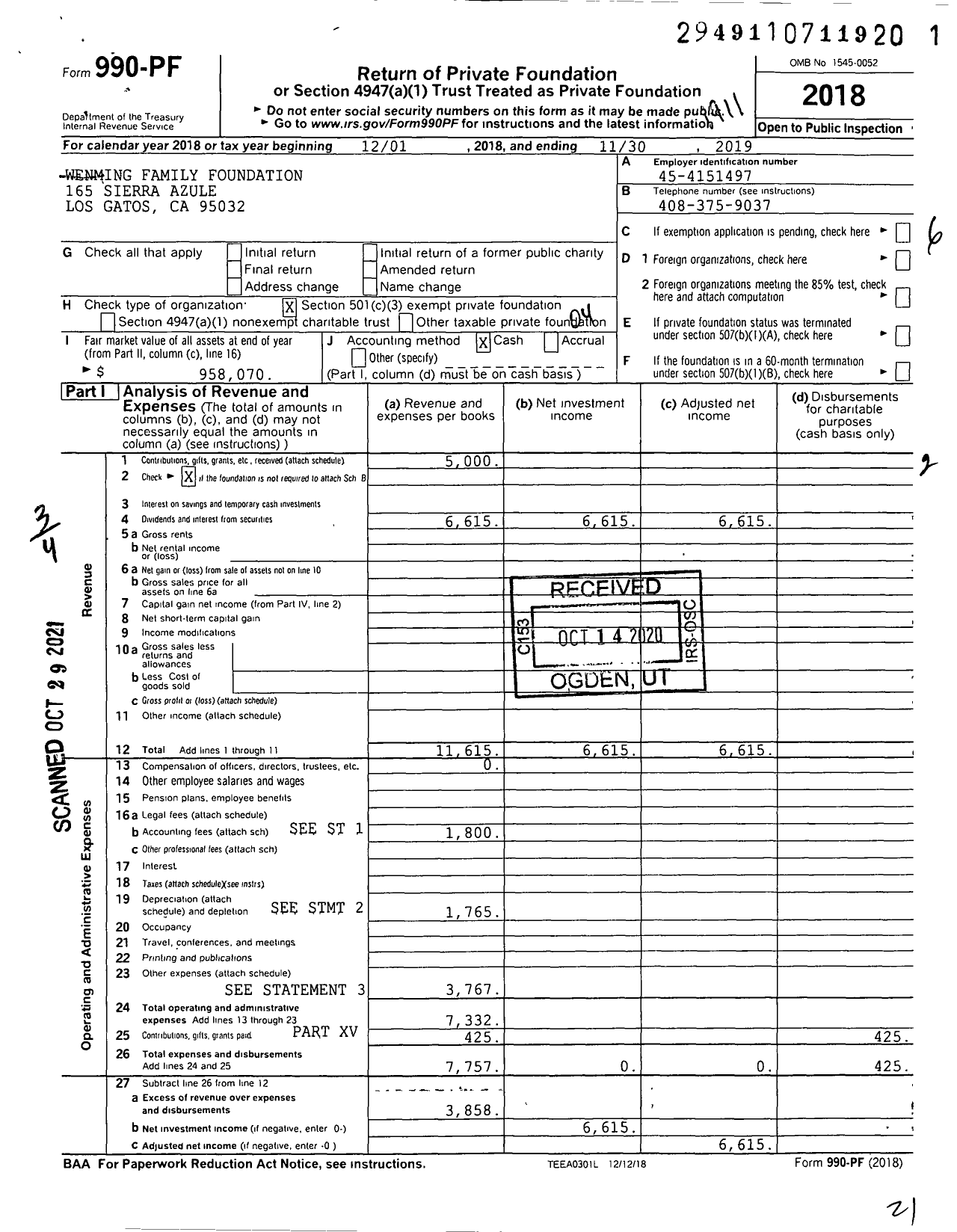 Image of first page of 2018 Form 990PF for Wenming Family Foundation