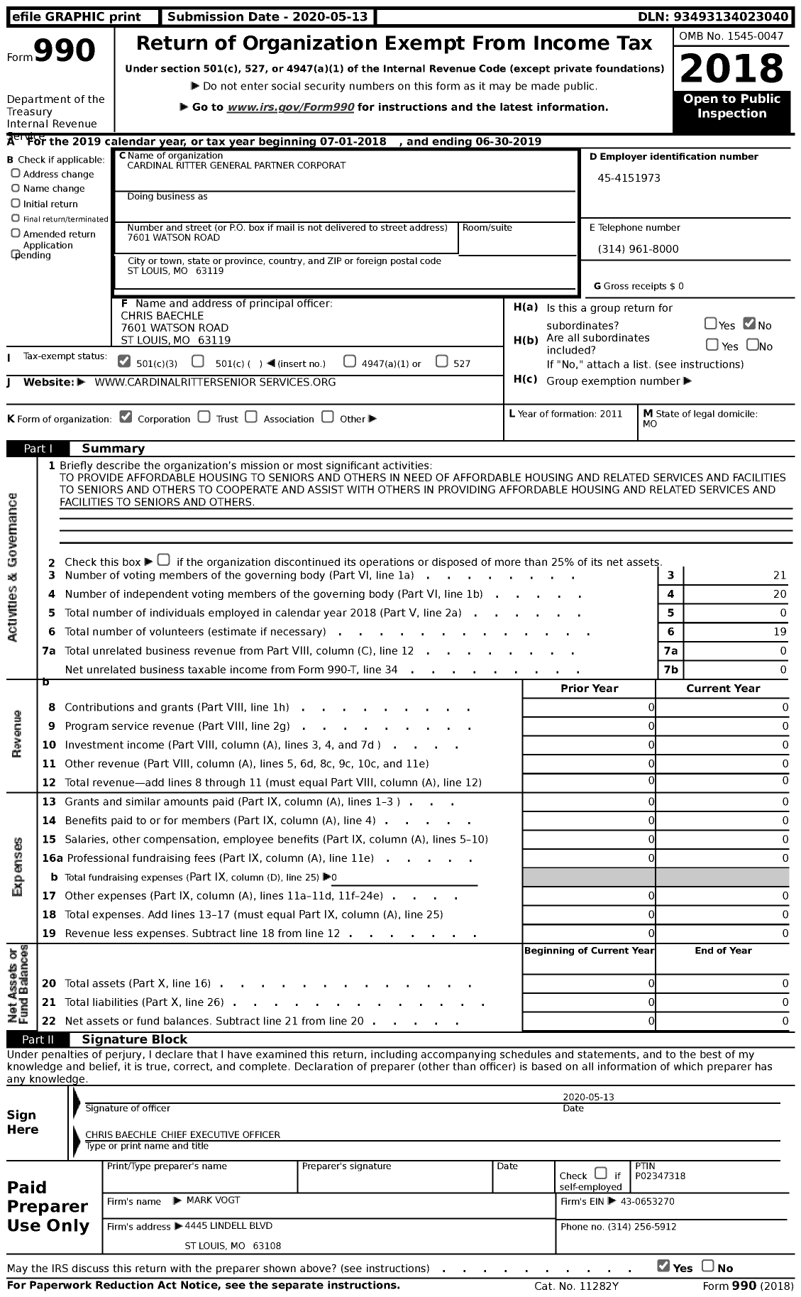 Image of first page of 2018 Form 990 for Cardinal Ritter General Partner Corporation