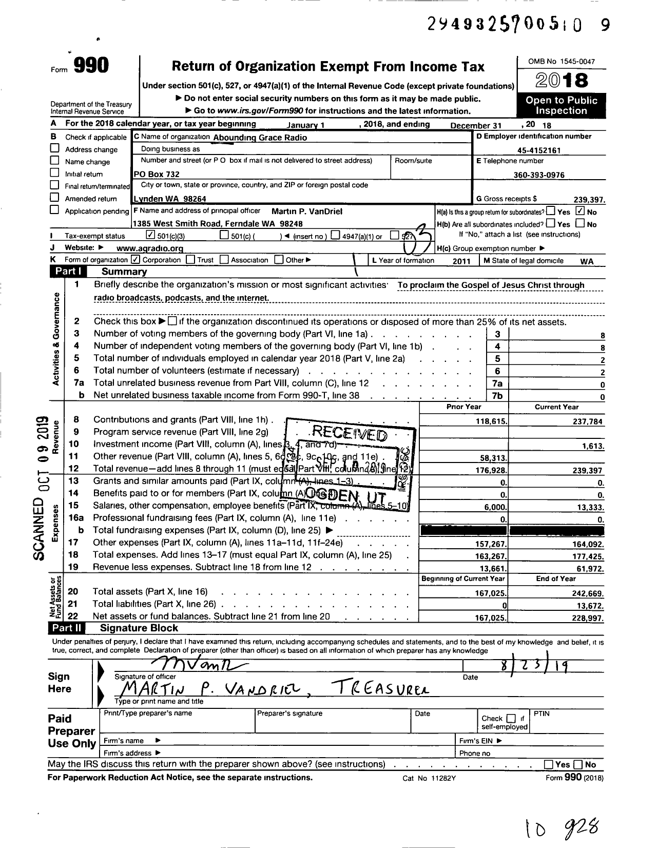 Image of first page of 2018 Form 990 for Abounding Grace Radio