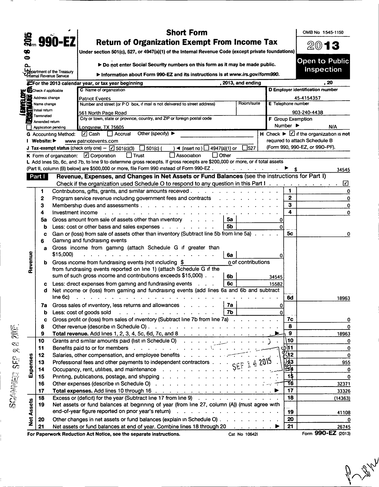 Image of first page of 2013 Form 990EZ for Patriot Events