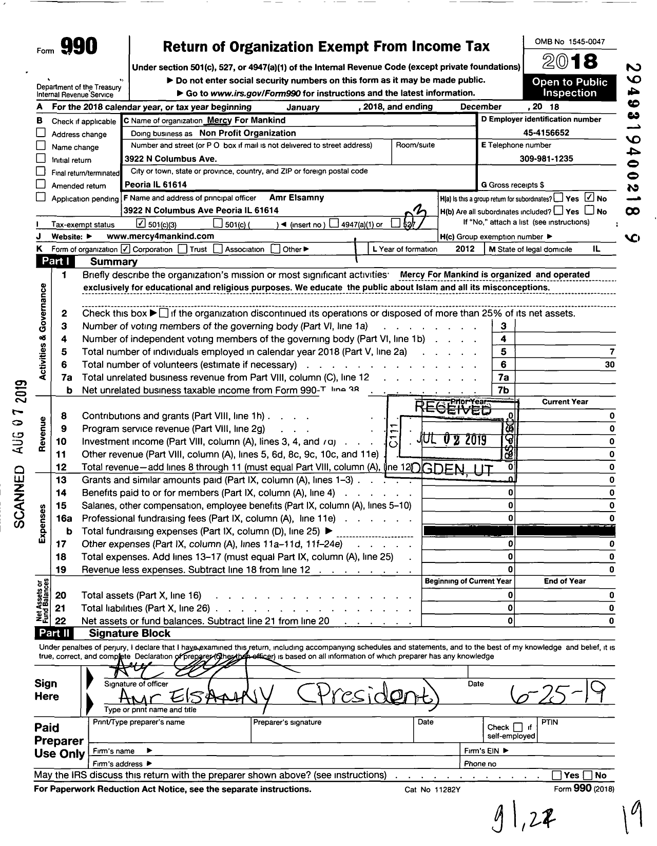 Image of first page of 2018 Form 990 for Mercy for Mankind